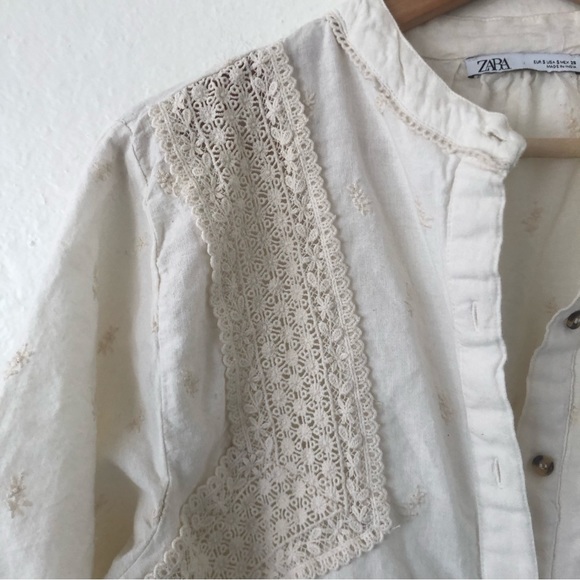 Zara Button Front Embroidered Peasant Top in Cream Sz S - Picture 3 of 10